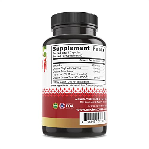 Ancient Bliss Berberine Hcl 1200Mg With Ceylon Cinnamon, Bitter Melon, And Green Tea Extract - 120 Capsules - Supports Immune System #TOP1