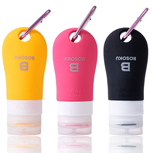 Portable Travel Bottles Set with Keychain, Refillable Silicone Squeeze Bottles, 3 x 2 Oz Leak-proof Travel Accessories for Shampoo, Hand Sanitizer, etc. (Yellow, Pink, Black)