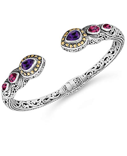 Image of DEVATA Sterling Silver 925 and 18K Gold with Gemstones Bali Filigree Cuff Bracelet