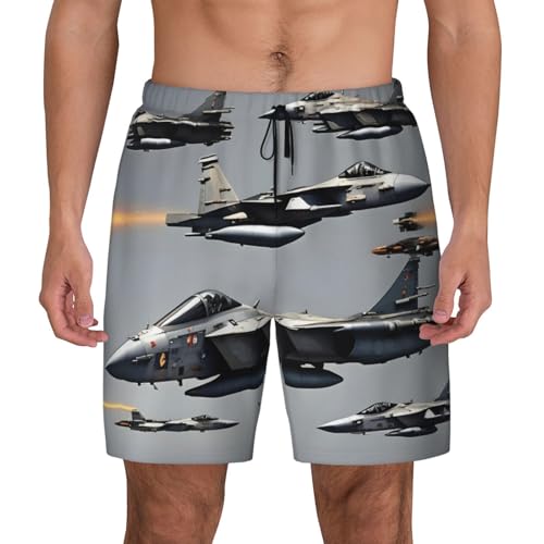Aircraft Fighter Jets Mens Double Polyester Swimsuit Trunks Swim Shorts with Compression Liner and Patch Pocket.