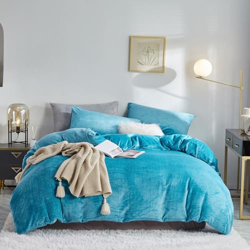 Luowei Ropa de cama de invierno de 135 x 200 cm, extracálida, felpa azul lago, tacto de cachemira, 1 funda nórdica y funda de almohada de 80 x 80 cm con cremallera