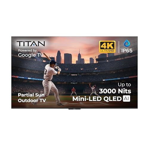 Image of Titan G200 Mini-QLED 85 Inch Outdoor TV, Partial Sun, IP65 Smart Weatherproof TV, 4K HDR, 144 Hz, Google AI OS, 3000Nits, Wi-Fi 5, Dolby Vision&Atmos, Bang&Olufsen, Outdoor TV Cover, SlimBezel, 2YrWty