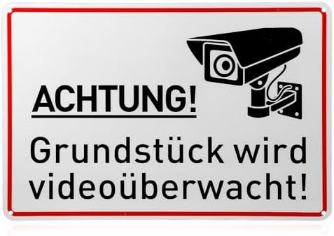 Cartello Video&uuml;berwachung Alluminio 25x9cm - Autoadesivo, Impermeabile, Per Propriet&agrave; Privata