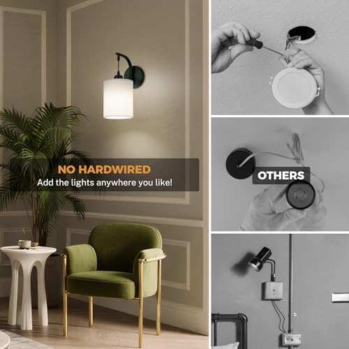 Image of Battery Operated Wall Sconce Set of Two, Pleated Fabric Rechargeable Wireless Wall Sconces with 13000mAh Bulb & Dimmable, Battery Sconces Wall Light Decor Set of 2 for Living Room, Black