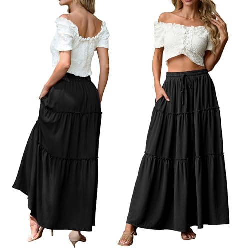 Image of Lepunuo Womens Casual Boho High Waisted Flowy Maxi Skirts Tiered Floral Long Skirts with Pockets for Summer Beach Vacation