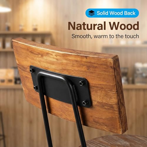 Butaco Industrial Ajustable 26-32 Pulgadas con Respaldo Arqueado, Asiento Giratorio Redondo de Madera y Estructura de Metal Estilo Rústico Farmhouse Set de 2 miniatura 3