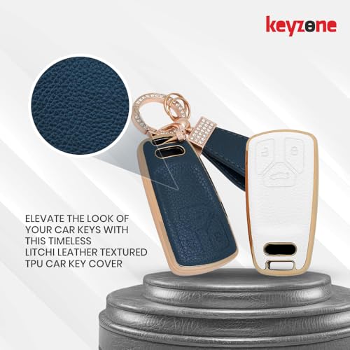Image of Keyzone Litchi Leather TPU Key Cover & Keychain for Q5, A5, A8, Q7, A4, A6 3-Button Smart Key (White)
