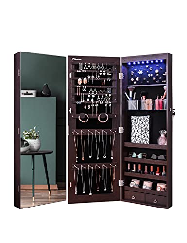 Nicetree 8 LED Mirror Jewelry Cabinet, Jewelry Armoire Organizer with Full Screen Mirror, Wall Door Mounted, Full Length Mirror (Brown)