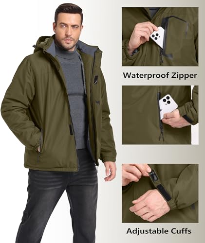 Image of Mens Winter Jackets Waterproof Warm Fleece Ski Jacket with Hood Thermal Windproof Coat Zip Pockets