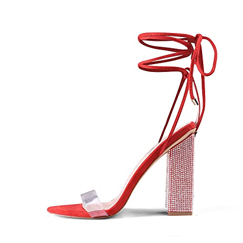 Genshuo Sexy Strappy Rhinestone Chunky Sandals For Women 12Cm/4.72Inch Lace-Up High Heels Transparent Open Toe Party Wedding Shoes Red 8.5 #TOP15