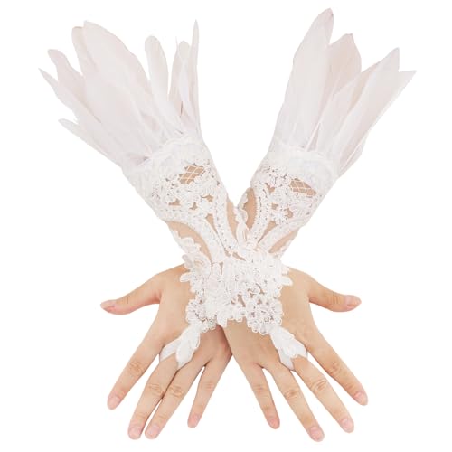 Dfqsofd 2Pcs White Lace Feather Gloves Womens Gothic Arm Sleeve Wristband Feather Gloves Halloween Costume Accessories for Cosplay