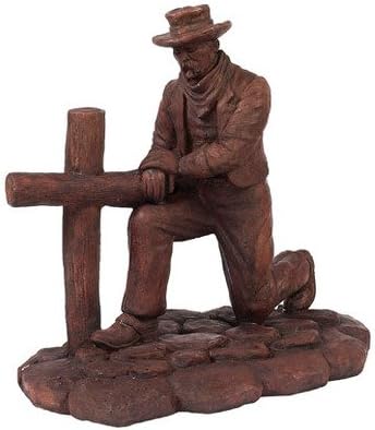 Kneeling Cowboy at Cross Stone Statue 19in Tall Walnut Color