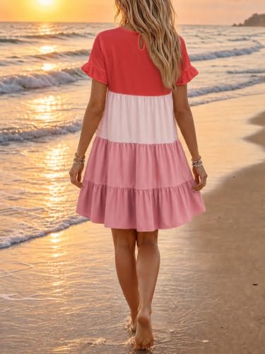 Image of Imysty Womens Boho Floral Ruffle Sleeve Babydoll Loose Flowy Casual Summer Pleated Mini Dress