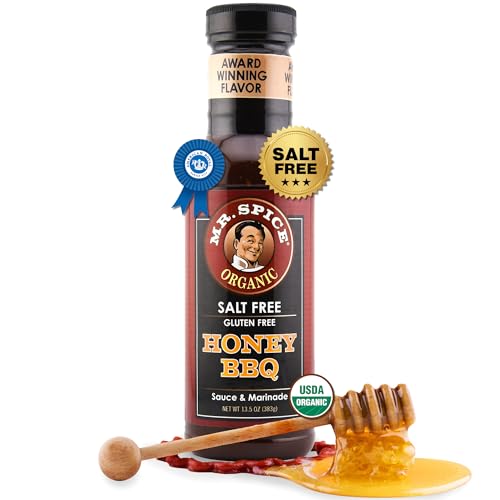 Mr. Spice Organic Honey BBQ Sauce, Salt Free BBQ Sauce (5mg/serving), Gluten Free, Low Sodium Barbecue Sauces for Marinade, Grill & Air Fryer, No Salt Award-Winning Flavor, 13.5 Ounce (Pack of 1)