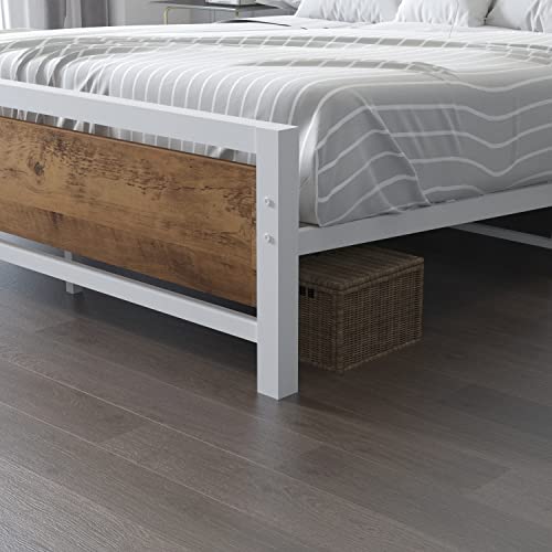 Catrimown Queen Platform Metal Bed Frame With Wooden Headboard And Footboard/Rustic Country Style Mattress Foundation/No Box Spring Needed/Under Bed Storage/Strong Slat Support (White, Queen) #TOP6