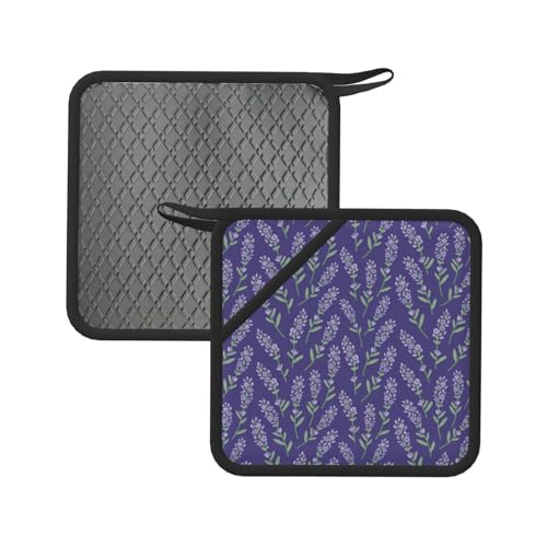 Soportes para ollas para cocina, flores de lavanda, color morado claro, resistentes al calor, almohadillas calientes para horno, agarraderas para decoración de cocina, hornear, cocinar con lazo para
