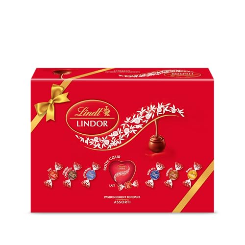 Lindt - Boîte Cadeau LINDOR - Assortiment de Chocolat au Lait, Noir 45%, Blanc, Noisette, Cœur Blanc, Double Chocolat - Cœur Fondant, 930g