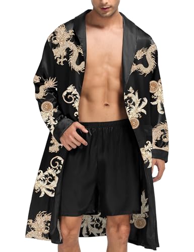 SWOMOG Men's Satin Robe with Shorts Set Silky Kimono Bathrobe Lightweight Soft Sleepwear