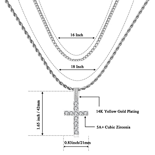 GEMOSA Cross Chain for Men 14K Gold Silver Plated Solid Iced Out 5A+ Cubic Zirconia Stainless Steel Cuban Link rope Layered Chains 16-24 Inch Large Cross Diamond Pendant Nceklace Jewelry Gifts - Image 3