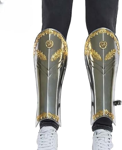 Medieval Knight Steel Leg Greaves with Brass Accents – Wearable Roman & Renaissance Leg Armor for Cosplay, LARP, SCA & Halloween.