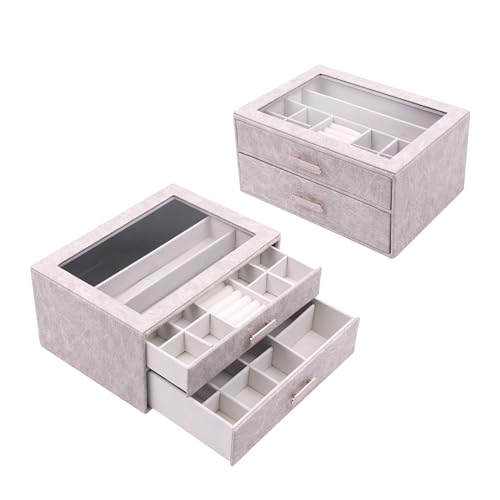 Image of BucketList Premium PU Leather Jewellery Organizer Box with Glass Lid | 2 Pull-Out Drawers Multi-Compartment Storage for Rings, Earrings, Necklaces & Bracelets (2-Layer Jewelry Box (White))
