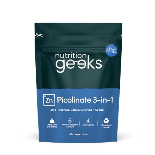 Zinc Supplements 25mg - 12 Month Supply with Zinc Picolinate Bisglycinate and Citrate + Copper - 365 Easy-Swallow Vegan Tablets for Men & Women - High Absorption UK Made by Nutrition Geeks