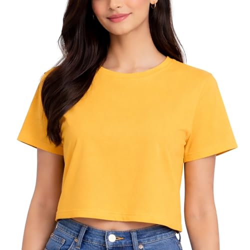 Image of Hangout Hub Women Crop Top T-Shirts | Round Neck Plain Solid Tshirts | Double Weaved | Shrink Free Tees | Casual T-Shirt for Woman Ladies Girls(Cotton|Pack of 3)