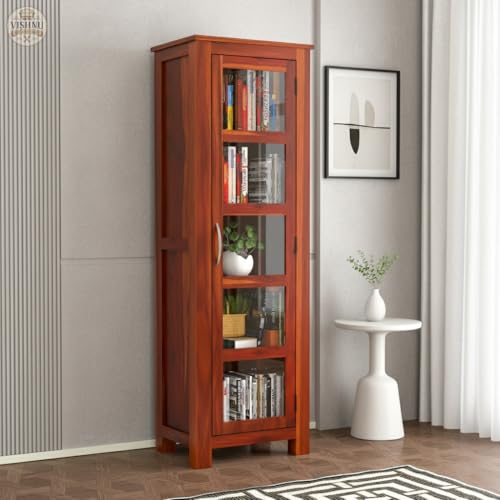 Image of Solid Sheesham Wood Book Cabinet | Wooden Tall Book Shelf with Glass Door & 5-Tier Storage | Display Unit for Living Room & Office | Honey Finish