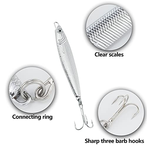 Dr.Fish Metal Sea Fishing Lures Silver Minnow Spoon Lures Set of 5 Sea Fishing Tackle Mackerel Cod Sea Bass Pike Stinger Spinner Lures Metal Jigs 30g - Image 3