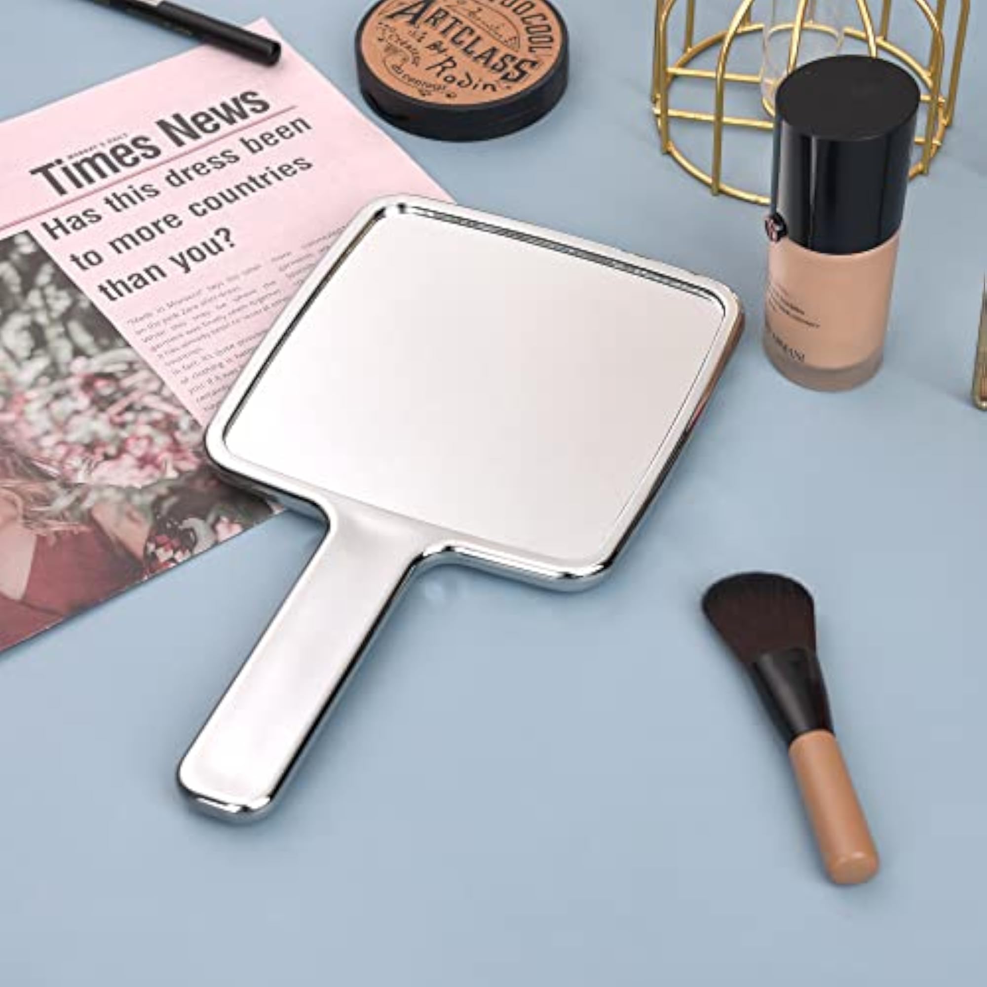 Hand Mirror Hand Held Electroplate Silver Square