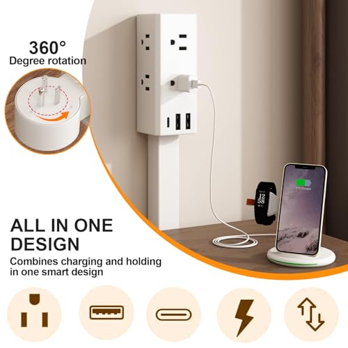 Telescoping Electrical Outlet Extender Stick, 360° Rotating Wall Socket Expander 20"-30", with 6 Outlets & 2 USB-A 1 USB-C Ports for Behind Couches Nightstands Desks Hard-to-Reach Areas (A #)