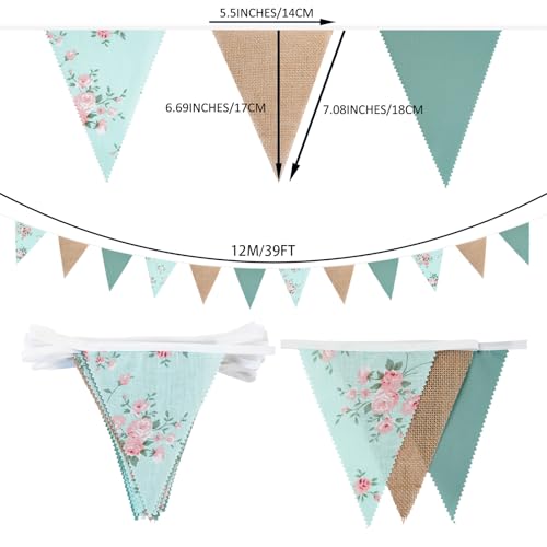 Image of Zwiebeco 39Ft Sage Green Floral Fabric Pennant Banner Vintage Burlap Triangle Flag Retro Flower Bunting Party Decoration for Birthday Engagement Wedding Bridal Baby Shower Rustic Village Garden Decor