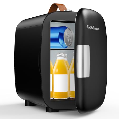 Image of DUMOS Mini Fridge for Bedroom, 4L Compact Personal Fridge Cooler For Skincare, Drinks, And Snacks, Fits 6 Cans, Mini Refrigerator with 110V Ac/12V Dc, Ideal For Car, Dorm, Black