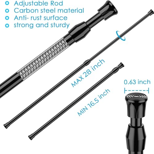 Image of MEXAU 3Pack Spring Tension Curtain Rod 16.5-28 inch Black Small Tension Rod | Adjustable Curtain Rods No Dilling Extendable Spring Tension Rod Short Curtain Rod for Windows, Kitchen, Bookshelf, Closet