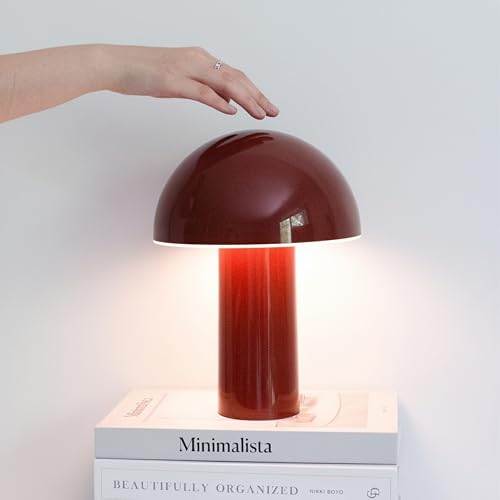Brightech Celia Mood Lamp 10 Touch-Controlled Mushroom Table Lamp Cordless & Dimmable LED Portable & Rechargeable Bedside Night Light Sustainable Recycled Modern Patio Lamp for Home Dcor Red
