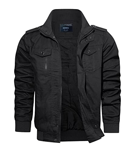Anzerll Men's Lightweight Cotton Jacket Military Stand Collar Coat Casual Windbreaker With Multi-Pockets(Black M) #TOP29