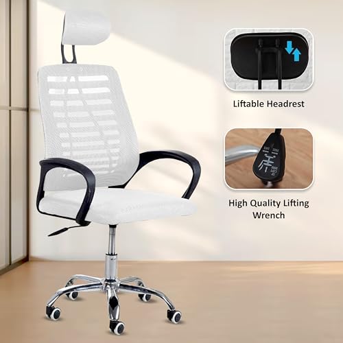 Image of Casa Copenhagen,Mesh Office Desk,Rocking Ergonomic Computer Chair Adjustable High with Headrest and Comfortable Armrest Swivel Chair - Snow White & Black Handle