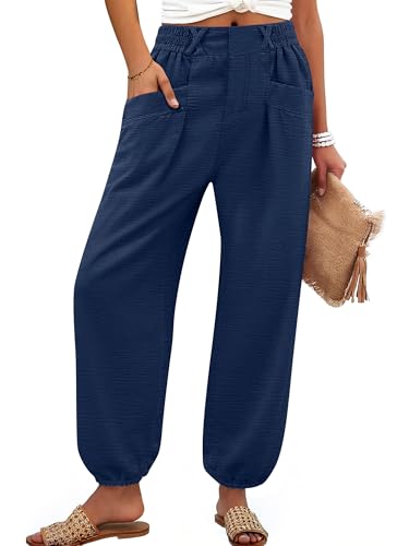 Image of ANRABESS Womens Pants Elastic Waist Summer Casual Harem Barrel Lounge Work Slacks Cropped Beach Vacation Clothes with Pockets