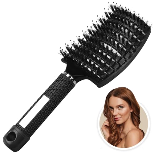 Xrten 1 Pezzi Spazzola per Capelli Curva con Setole di Cinghiale,Spazzole Ventilate Styling Spazzola Capelli Styling Pettine Strumenti per Parrucchieri Professionali per Styling a Capelli(Nero)