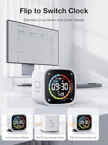 Image of TK3 Pomodoro Timer Cube, Desk Productivity Timer with 5 /10 /30 /60 Min Presets, Custom Countdown, Stopwatch, Clock, 3 Alarm, Silent, Vibrate & Sound Alert, for Task, ADHD, Study, Kitchen, White