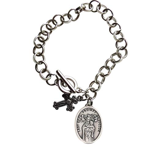 Our Lady of Prompt Succor Patron of Louisiana New Orleans Link Circle Stainless Steel Bracelet with Silver Plated Medal Toggle Closure and Blessed Prayer Card