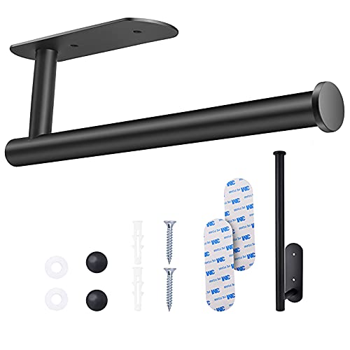 Paper Towel Holder - Paper Towel Holder Wall Mount, Black Towel Paper Holder Under Cabinet with Screws, 13 Inch US304 Stainless Steel Self Adhesive Paper Towel Holders for Kitchen Bathroom - 1 Pack
