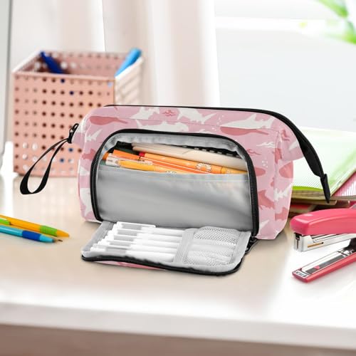 Image of Shark Pink Print Pencil Case Pouch Big Capacity Pencil Bag Box Organizer Pen Case with Compartmens Stationery Organizer for Girls Boys Women School College Office
