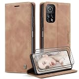 SLWYF Funda para Xiaomi Mi 10T/Mi 10T Pro/Redmi 30S/K30S con 2 Película Protectora de Pantalla de Vidrio, Cartera Flip Caso de Teléfono PU Cuero Ranuras de Tarjeta Caso Protector - Marrón