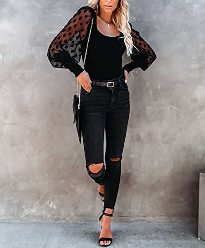 Bonitee Women Elegant Square Neck Mesh Long Sleeve Lace Shapewear Ribbed Knit Bodysuit Tops Shirts Black Medium #TOP3