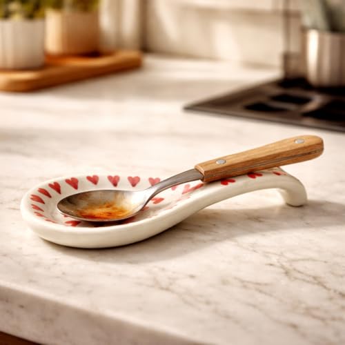 Image of Handcrafted Ceramic Spoon Rest, Kitchen Counter Spoon Holder for Cooking Utensils, Ladle & Spatula Rest, Heat Resistant Kitchen | Spoon Rest for Kitchen & Dining (Red Hearts)