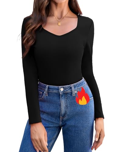 Aottori Maglia Termica Donna Scollo a V Maglietta a Maniche Lunghe Fodera in Pile Basic Tops Slim Fit Maglione Tinta Unita Casual Sottogiacca Intimo Termico Nero L