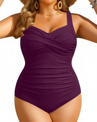 Image of Women Plus Size One Piece Swimsuits Tummy Control Twist Front Bathing Suit | Unremovable Bra, Sweetheart Neckline, Wide Adjustable Straps, Ruched Stomach, Side-Splicing Design, Full Coverage Bottom