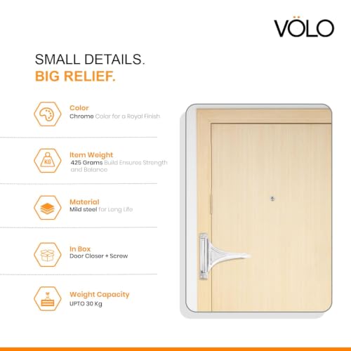 Image of VOLO Door Closer | Heavy Duty Automatic Door Closer | Adjustable Door Speed for Home Office Hotel & Commercial Doors | 1 Year Warranty | (Helical Chrome | 50 Kg Capacity | Spring)
