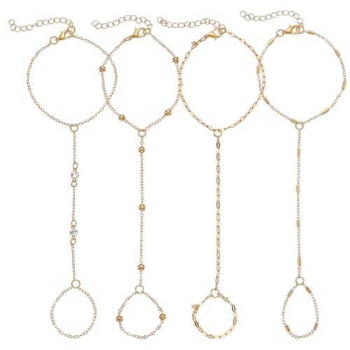 Image of Ouligay Gold Plated Hand Chain for Women 4 Pcs Handchain Set Trendy Hand Jewelry Chain Gold Chain Bracelet Set Adjustable Dainty Ring Bracelet Stackable Body Jewelry Gift